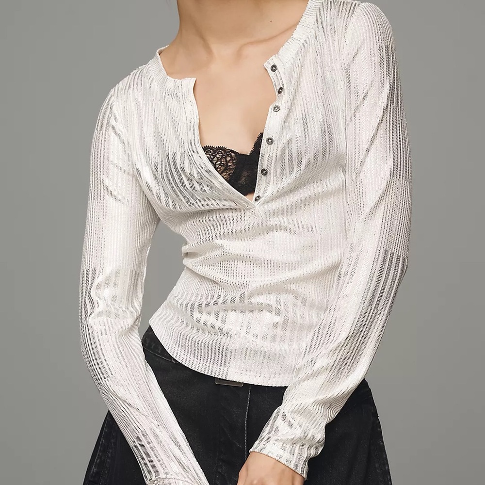 Anthropologie Pilcro Andie Ribbed Henley Top: Shimmer Edition XXS